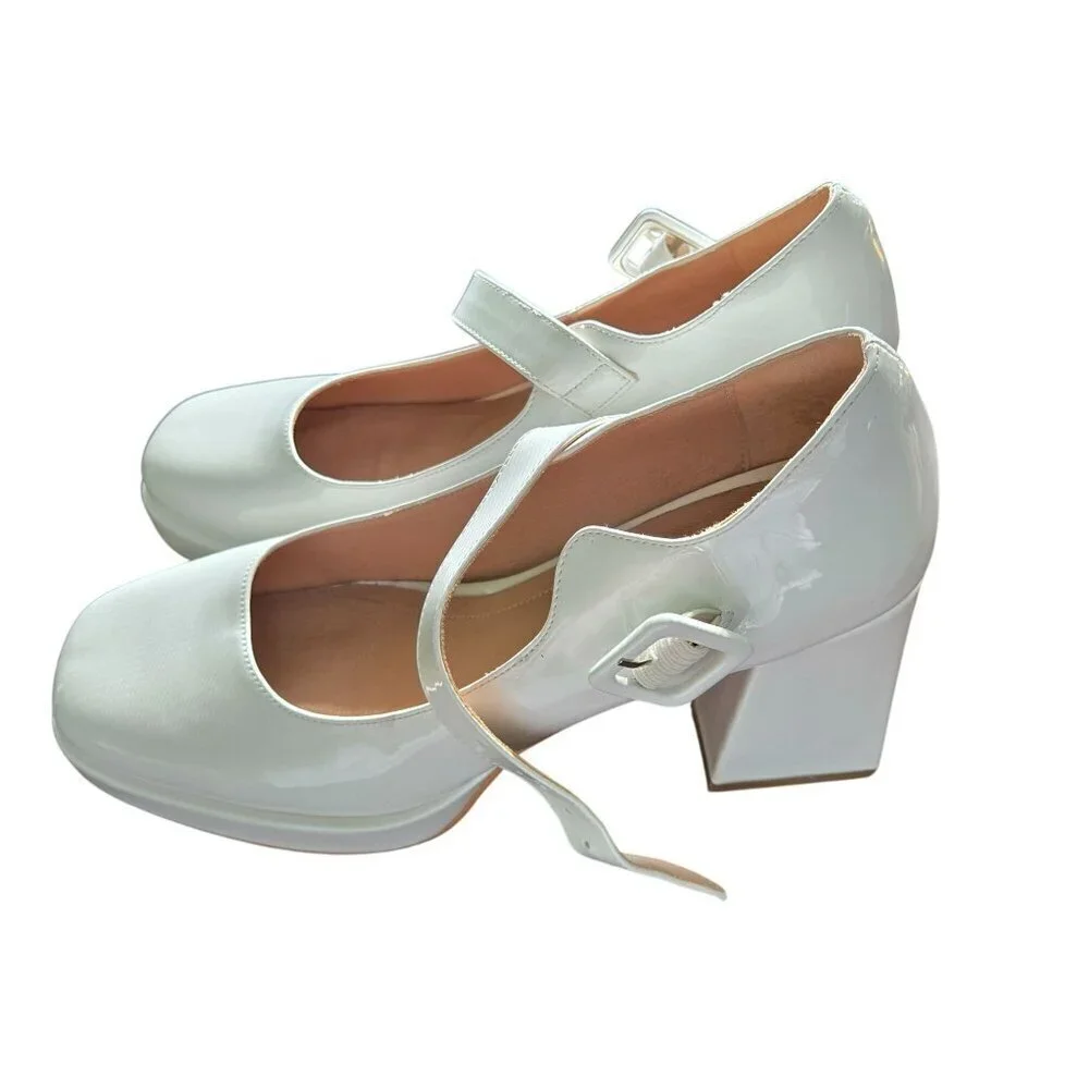 Latasa White Faux Patent Leather Platform Mary Jane Square Toe Size 40/9.5